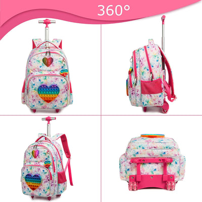 HTgroce Schulranzen mit Rollen für Mädchen Pop it Rucksack 16 Zoll Set 3 in 1 mit Lunch Bag Kinderga