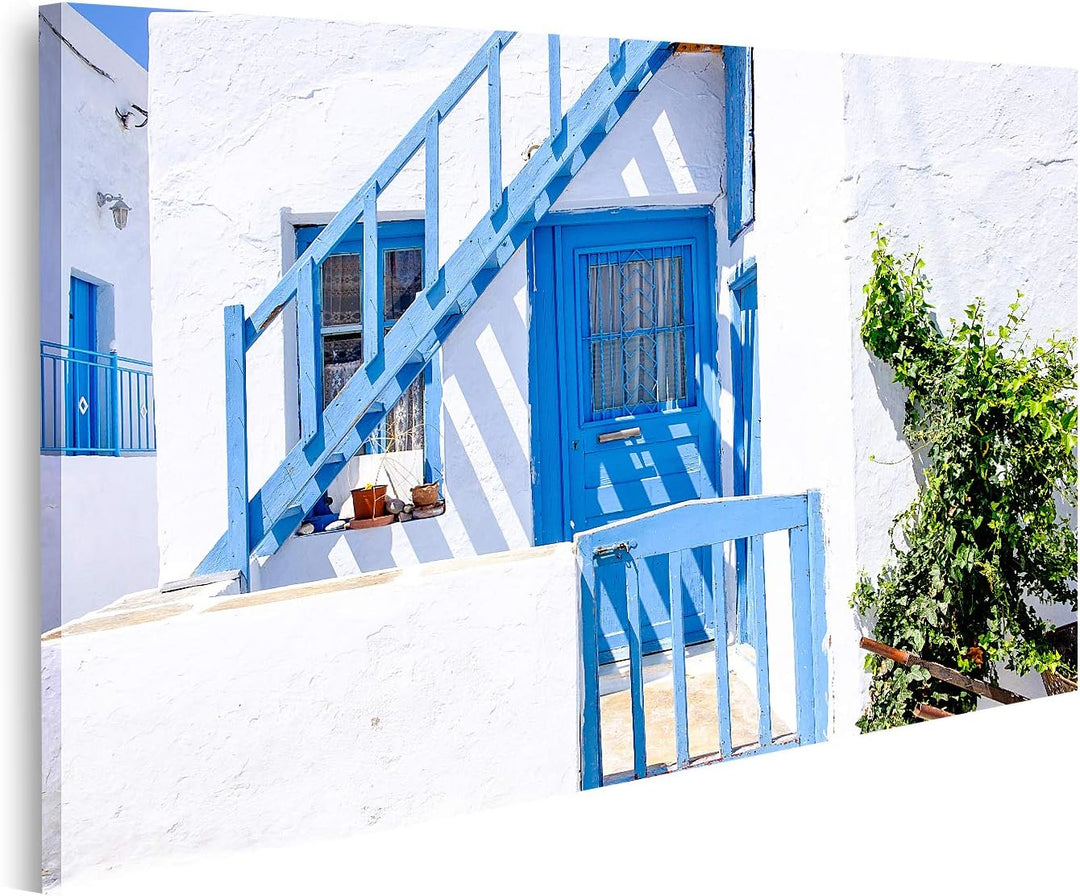 islandburner Bild auf Leinwand Typische Traditionelle Türen Und Fenster In Weissem Und Blauem Stil I