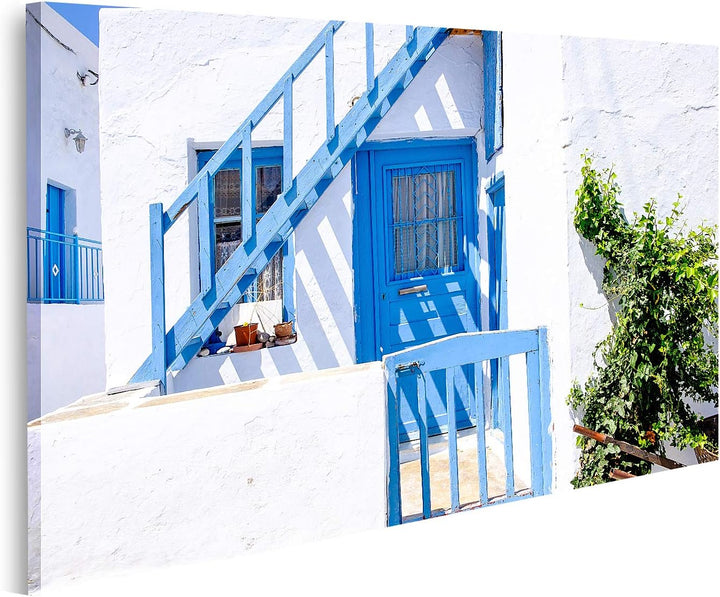 islandburner Bild auf Leinwand Typische Traditionelle Türen Und Fenster In Weissem Und Blauem Stil I