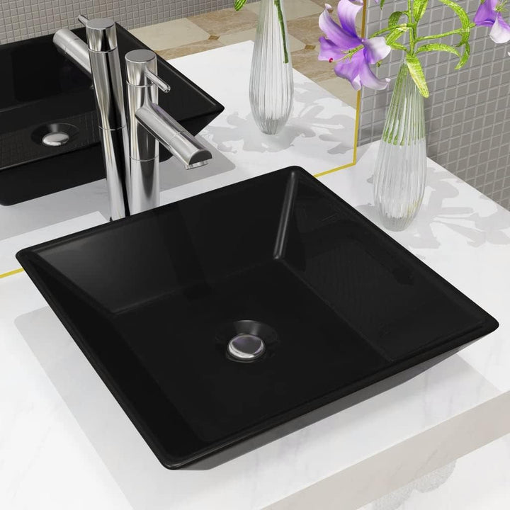 WIFESE Waschbecken Keramik Quadratisch Schwarz 41,5x41,5x12 cm Badezimmer Möbel Aufsatzwaschbecken E