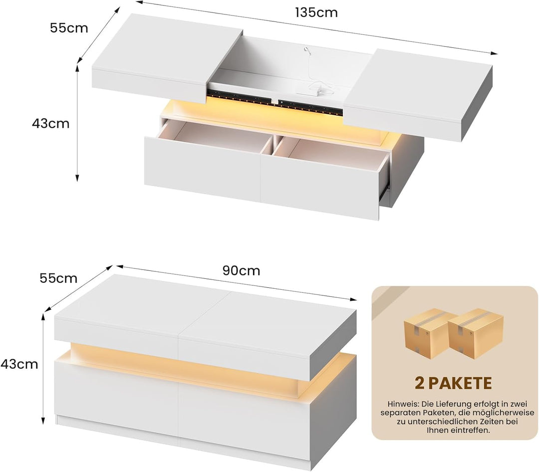 YOUDENOVA Couchtisch Weiss mit Stauraum, Wohnzimmertisch Hochglanz mit 7 Farbiger LED Beleuchtung, A