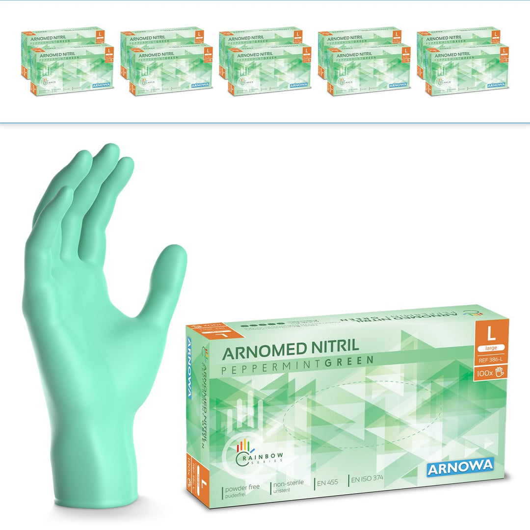 1000 Stk (10x100) ARNOMED Einweghandschuhe Grün, Einmalhandschuhe L, Nitril Handschuhe Einweg, Nitri