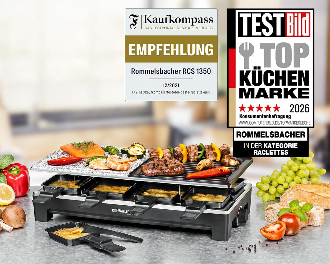 ROMMELSBACHER Raclette Grill RCS 1350 – 2 Wendegrillplatten, 1 Steingrillplatte, 8 Pfännchen, 8 Scha