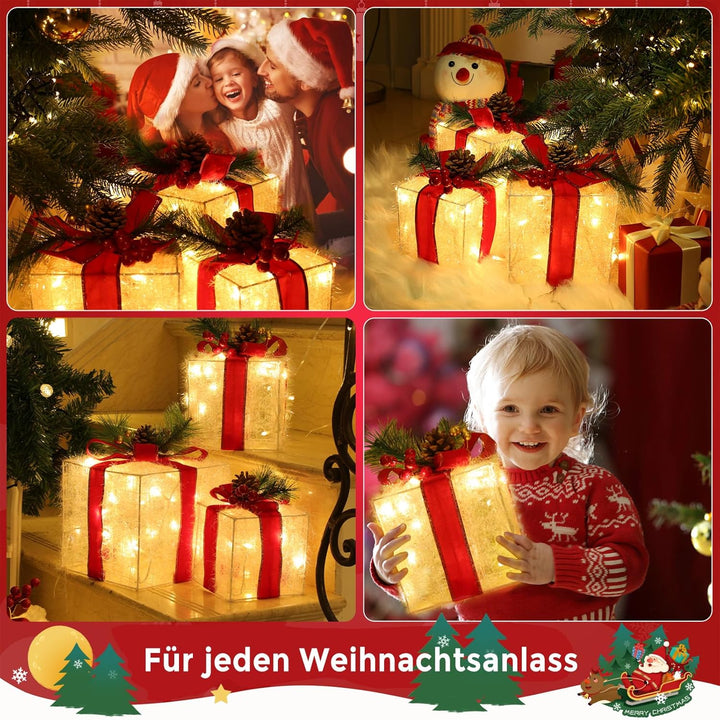 Elktry 3er LED Weihnachtsdeko innen, Geschenke Leucht Boxen mit Schleife aussen, Weihnachtenbox Bele