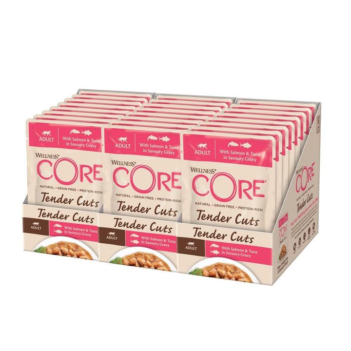 Wellness CORE Tender Cuts, Katzenfutter nass in Sauce, getreidefrei, hoher Fleischanteil, Lachs & Th