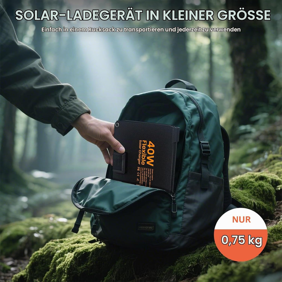FlexSolar Solarpanel 40W, Solarladegerät verbesserte PD2.0 USB-C, QC3.0 USB-A und DC-Solarpanel IP67