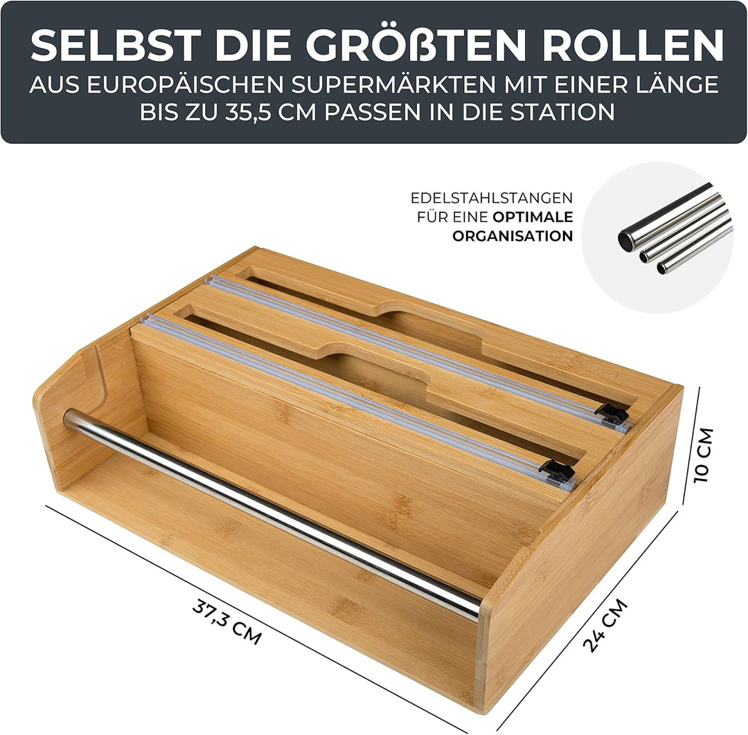 Exitoso 3-in-1 Folienschneider aus Bambus | Küchenrollenhalter Frischhaltefolienspender & Alufoliens