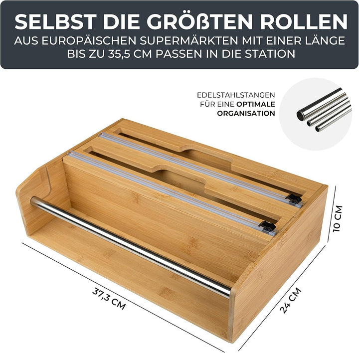 Exitoso 3-in-1 Folienschneider aus Bambus | Küchenrollenhalter Frischhaltefolienspender & Alufoliens