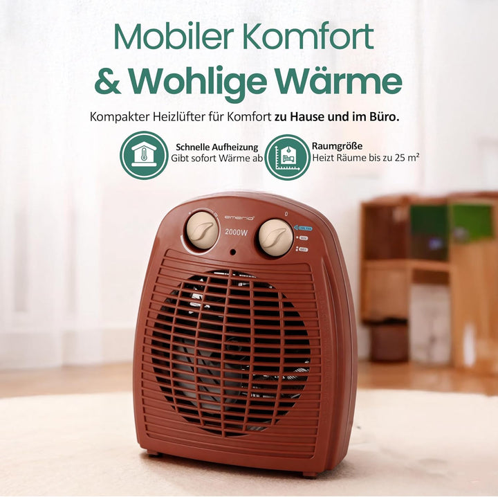 EMERIO Heizlüfter 2000W | klein leicht kompakt portabel | für ca. 25m² | 2 Heizleistungen + Ventilat