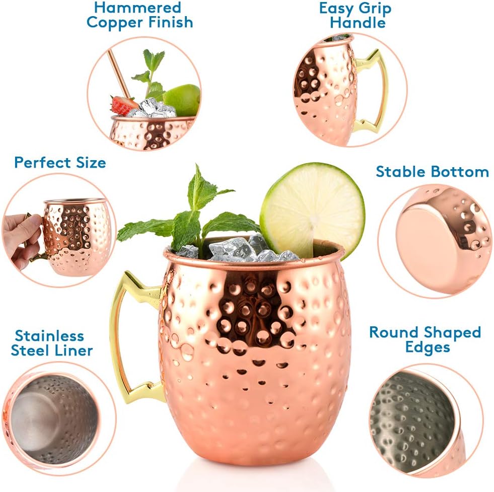 Yoassi Moscow Mule Becher, 4er Set Kupferbecher Moscow Mule Mug Kupfer Becher ink. 4 x Silkon Unters