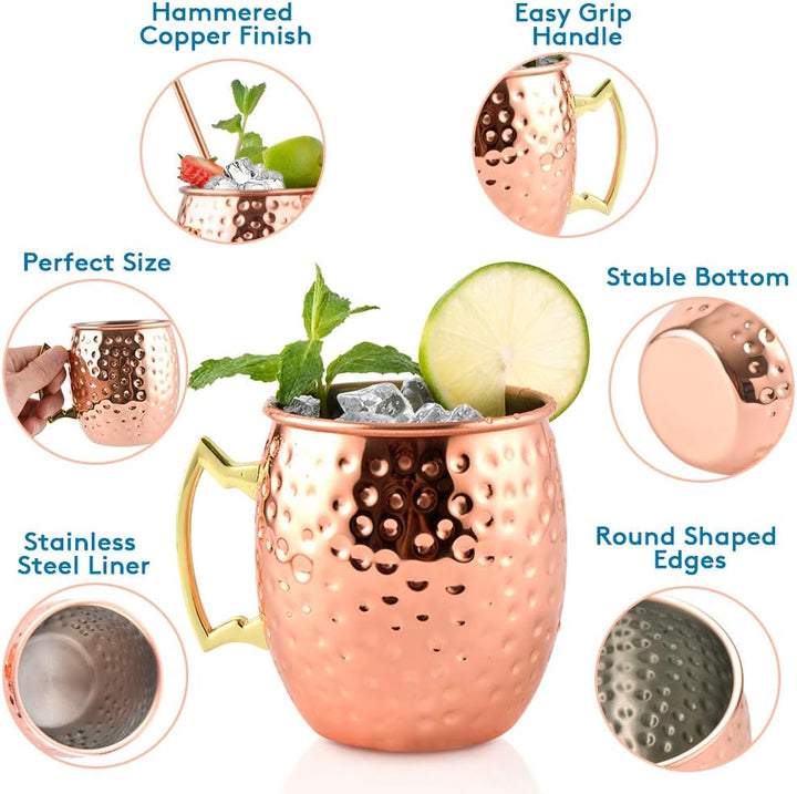 Yoassi Moscow Mule Becher, 4er Set Kupferbecher Moscow Mule Mug Kupfer Becher ink. 4 x Silkon Unters