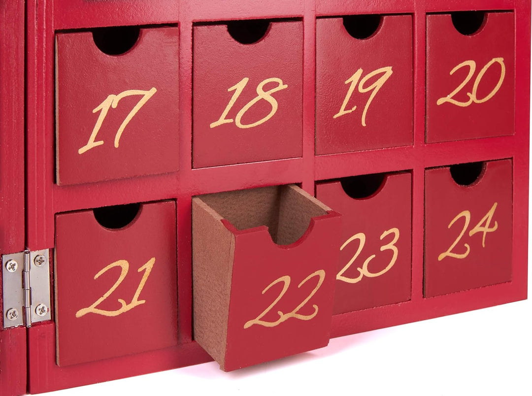BRUBAKER Adventskalender aus Holz zum Befüllen - Rotes Weihnachtshaus mit Krippenspiel und LED-Beleu
