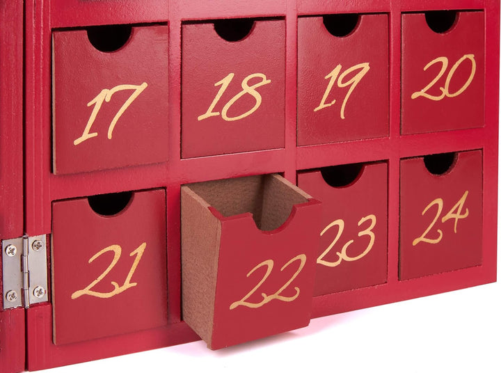 BRUBAKER Adventskalender aus Holz zum Befüllen - Rotes Weihnachtshaus mit Krippenspiel und LED-Beleu