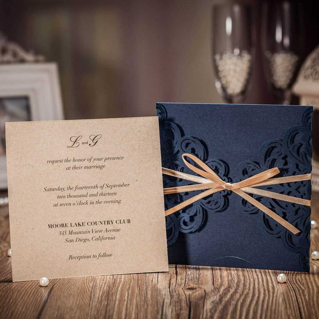 50X Einladungskarten Für Hochzeit Geburtstag Taufe Party Graduierung Quinceanera Navy Blau Borte Las