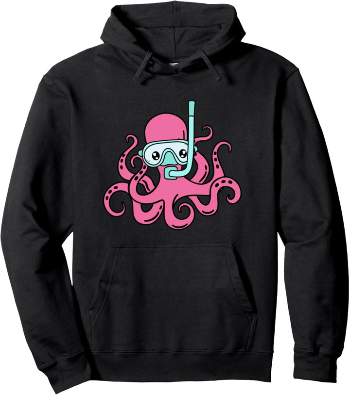 Cool Pink & Aqua Snorkeling Octopus Pullover Hoodie