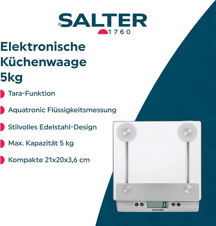 SALTER digitale Küchenwaage, Stylische Glaswaage, Elektronische Küchenwaage, Wiegen Sie Lebensmittel