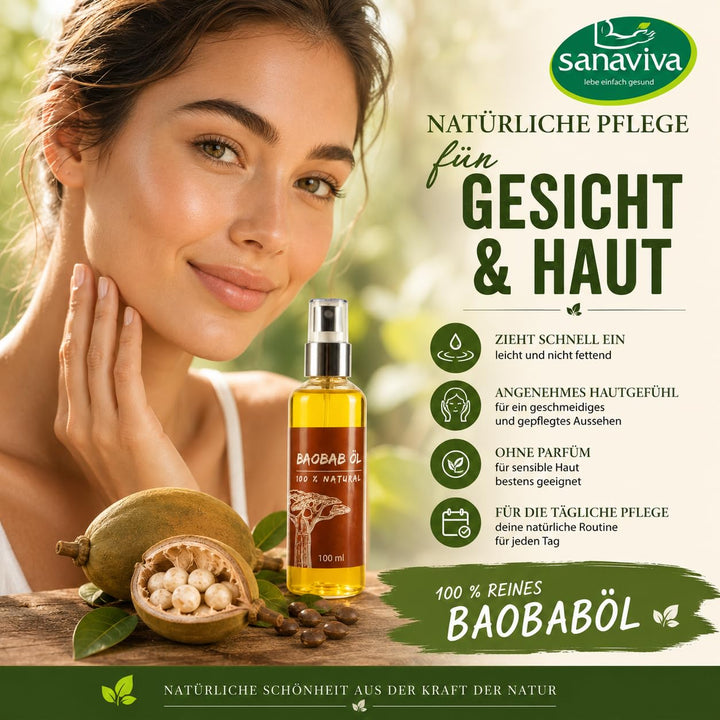 sanaviva® Baobaböl Kaltgepresst (100ml) Baobab-Oil Bio Rein &amp; Natürlich 100% Vegan Premium Baobab Öl