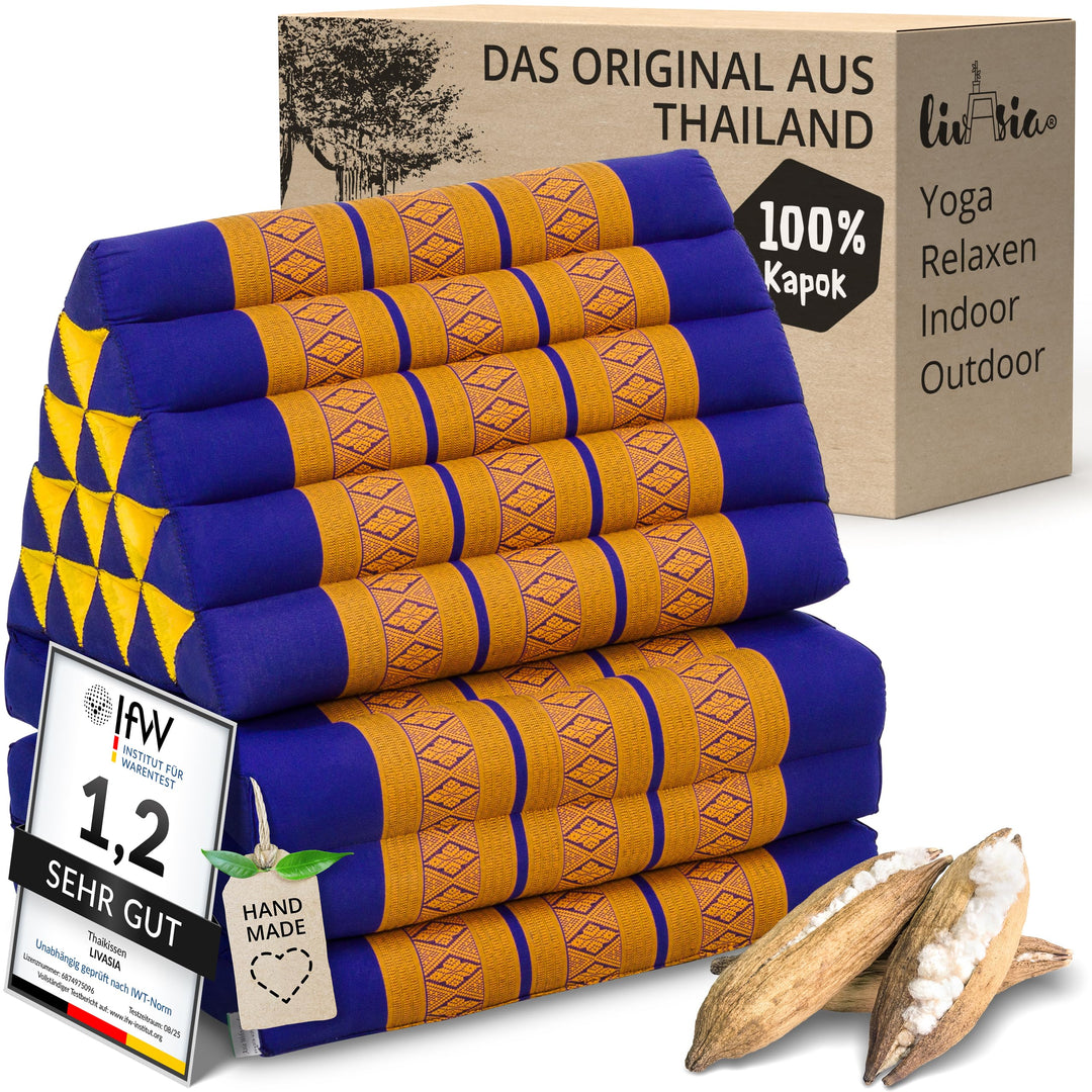 livasia Thaikissen 3 Auflagen extrahoch - 185x55x8cm - Dreieckskissen mit Klappmatratze, Kapok, Jumb