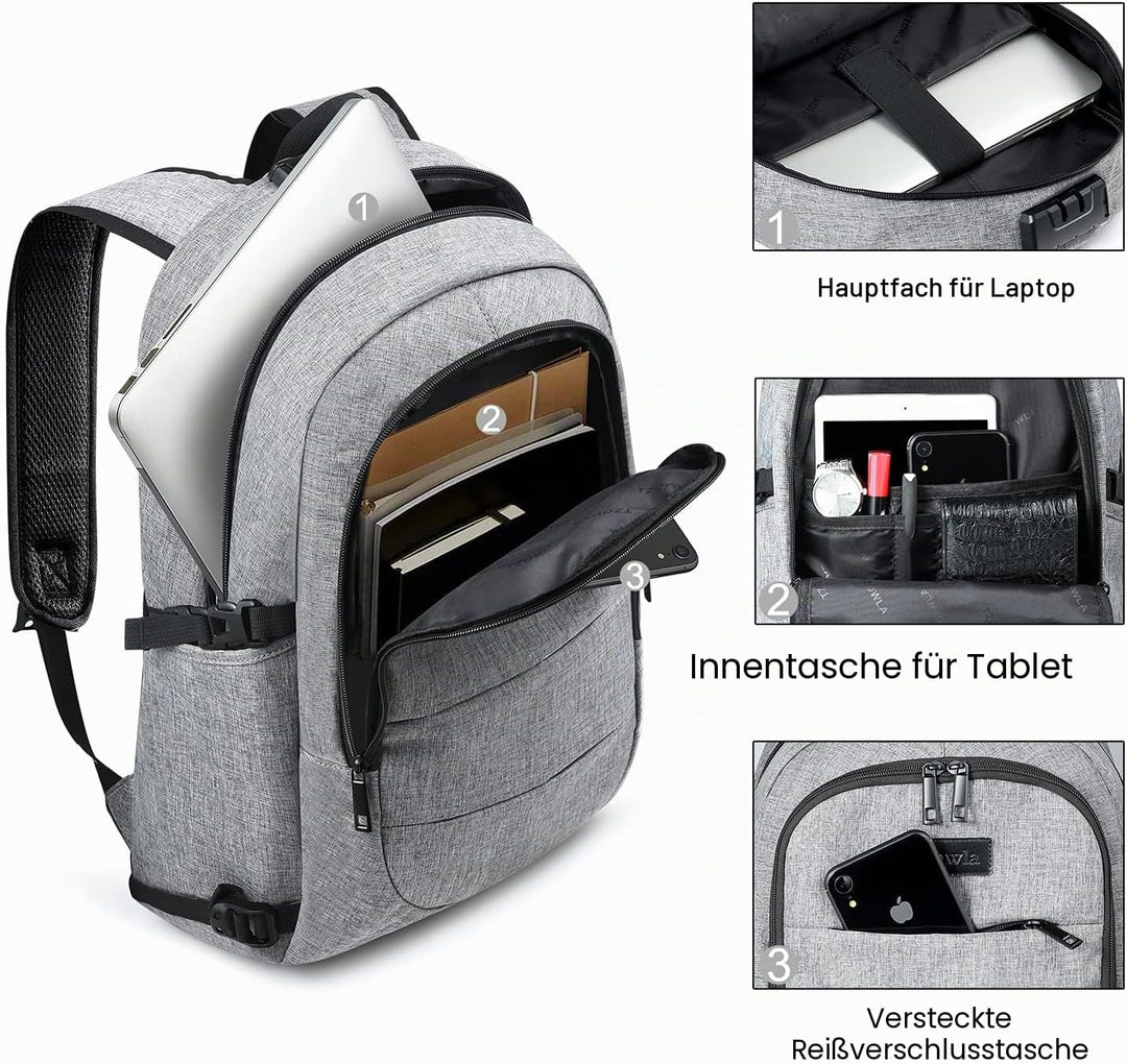 Tzowla Anti Diebstahl Laptop Rucksack für Herren,Rucksack Wasserdicht mit USB-Ladeanschluss und Schl