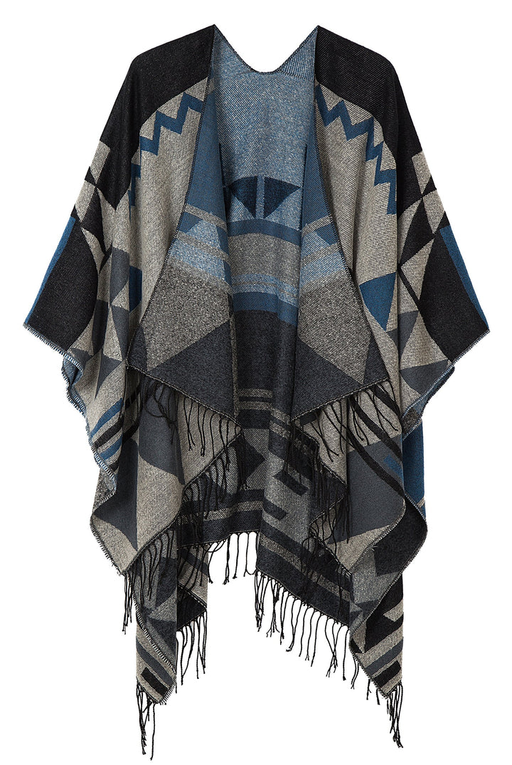 Urban GoCo Damen Poncho Stola Bohe Quaste Schal #2 Schwarz, #2 Schwarz