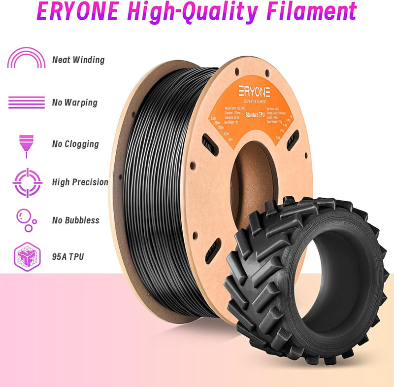 ERYONE TPU Filament 1.75mm, 3D Drucker Filament TPU 1kg 1 Spool, -0.05mm,95A, Schwarz TPU1kg-Schwarz