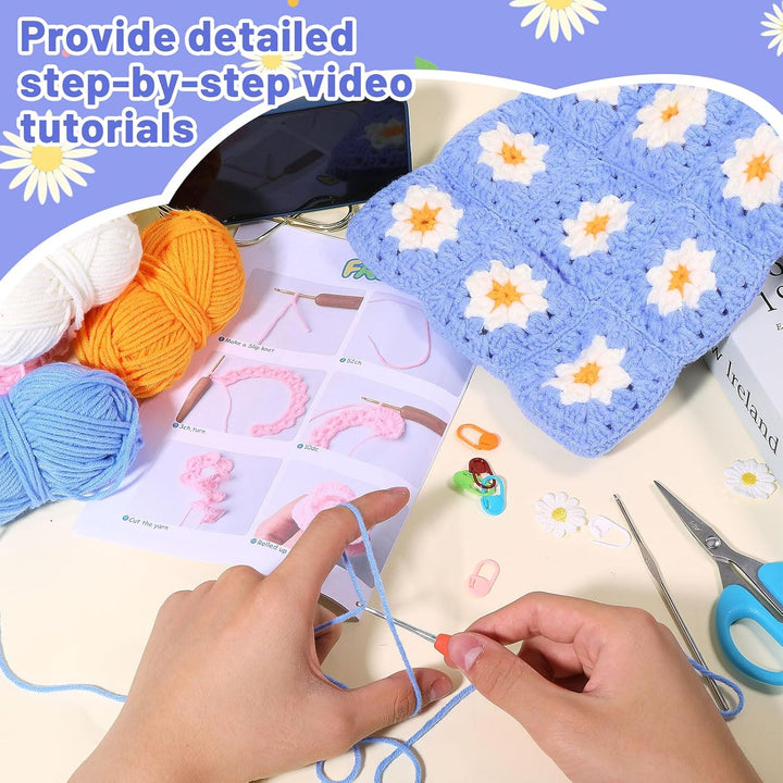 ORIGACH DIY Gänseblümchen-Häkel-Tragetaschen-Set für Anfänger, Floral Crochet Granny Square Handmade