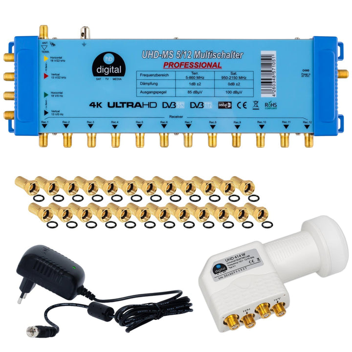 Multischalter pmse 5/12 HB-DIGITAL Set für 1x SAT bis 12 x Teilnehmer/Receiver für Full HDTV 3D 4K U