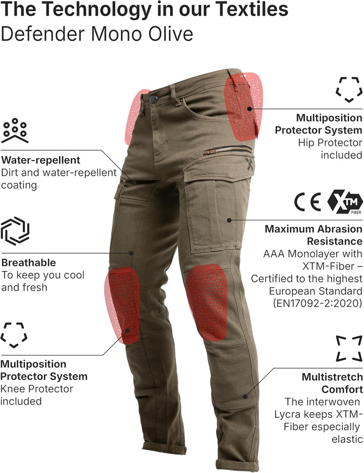 John Doe Herren Motorradhose Defender L30 Olive, L30 Olive