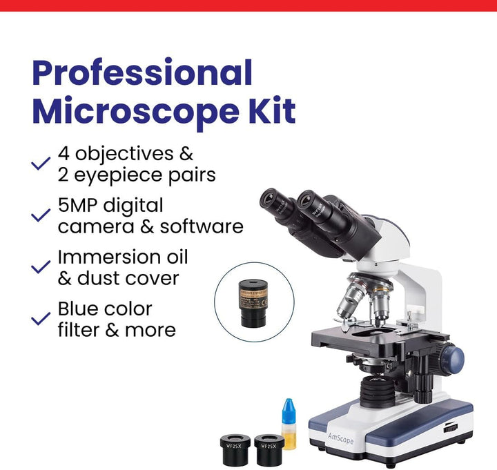 AmScope B120C-E5 40X-2500X LED Digitales Binokular-Verbundmikroskop mit 3D-Bühne und 5MP USB-Kamera