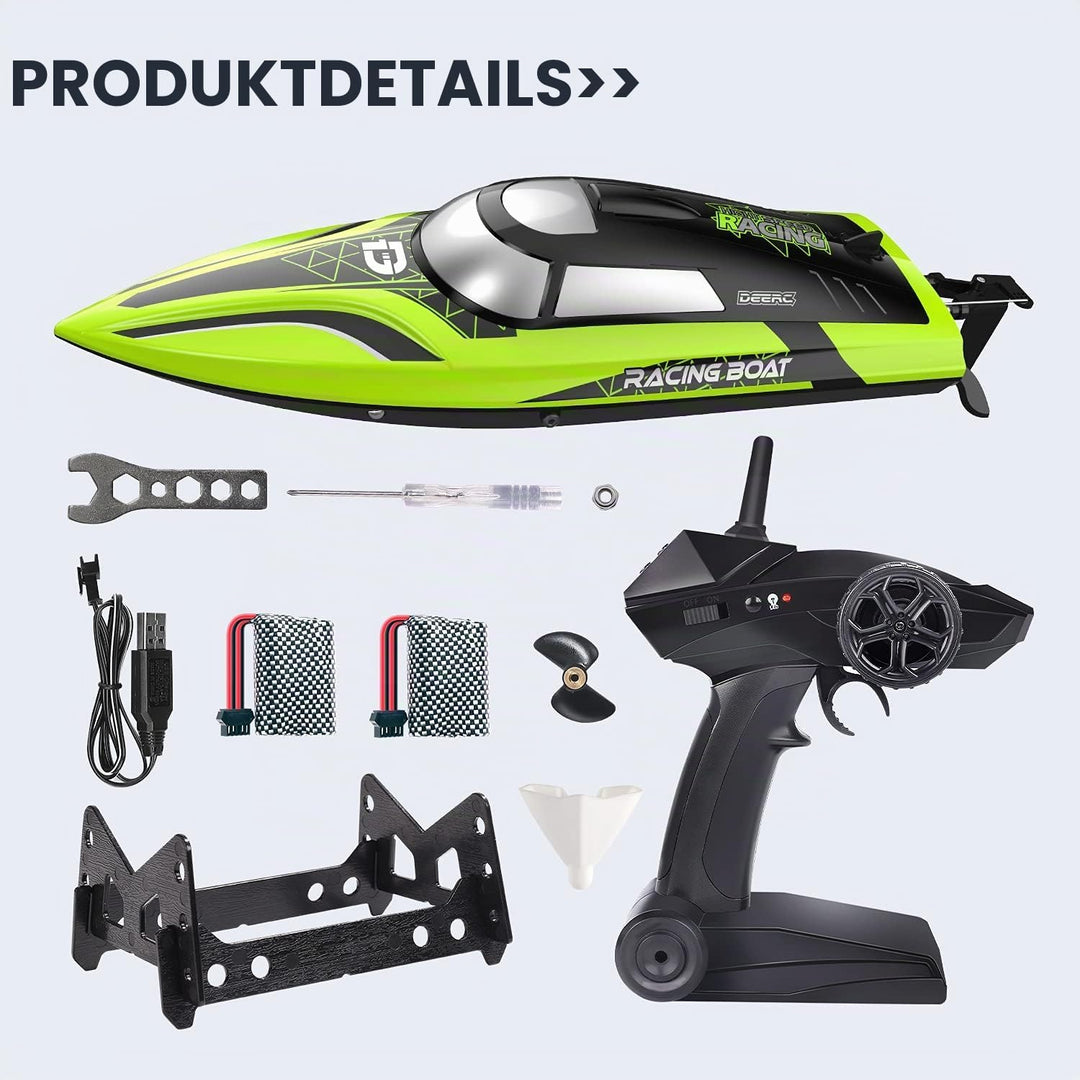 DEERC RC Boot mit LED-Licht, ferngesteuertes, für Pools und Seen, 20+ km/h, 2,4-GHz-Rennboote mit 2
