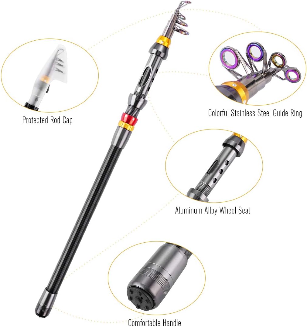 FISHOAKY Angelrute Set Komplett, Carbon Fiber Angelruten Teleskoprute und Spule Combo Kit mit mit An