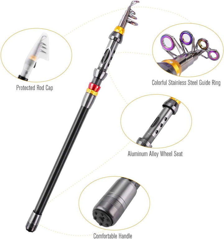 FISHOAKY Angelrute Set Komplett, Carbon Fiber Angelruten Teleskoprute und Spule Combo Kit mit mit An