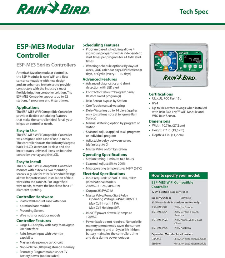 Rain-Bird Controller Indoor Outdoor Rasenbewässerung Sprinkler Timer ESPME3 (nur Controller) rot, ro