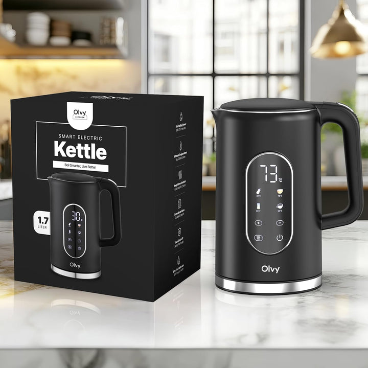 Olvy Elektrischer Wasserkocher 1,7L – Schnellkochender Wasserkocher mit Temperaturregelung, Warmhalt