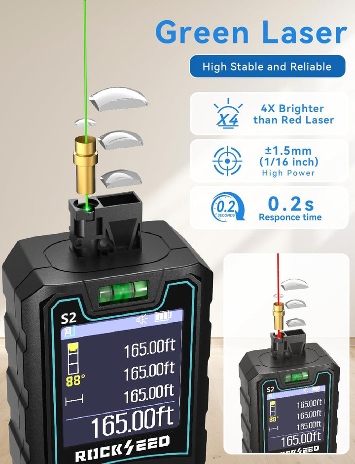 RockSeed Laser-Entfernungsmesser 50m, Grüner Laser,Drehbarer Farbbildschirm | 12 Messmodi, Elektroni