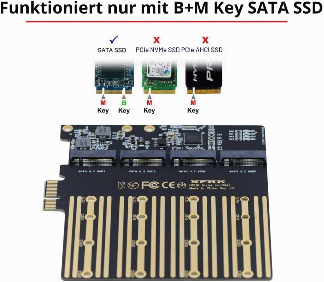 chenyang M.2 SSD auf PCI-E X1 Adapter 4 SATA NGFF SSD auf PCI-E X1 Erweiterungskartenadapter mit 12c