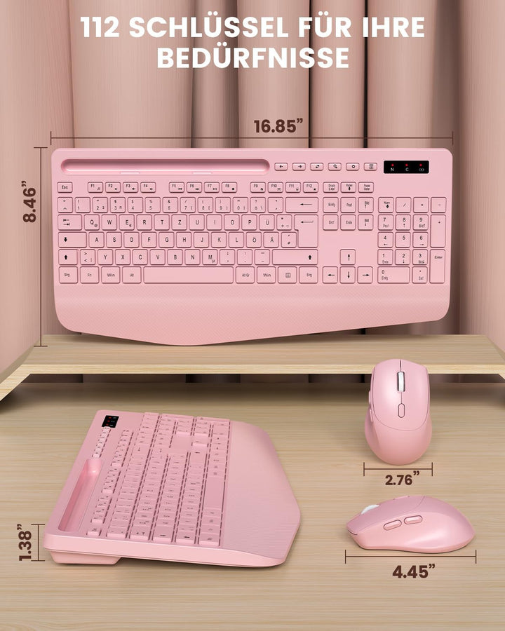 Tastatur Maus Set kabellos, 2.4G keine Latenz Ergonomische Tastatur kabellos Set, Handballenauflage,