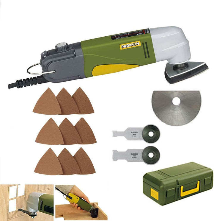 PROXXON Multitool/Eckenschleifer OZI/E Set - inklusive HSS-Trennblatt, Tauchsägeblatt 8 mm, Tauchsäg