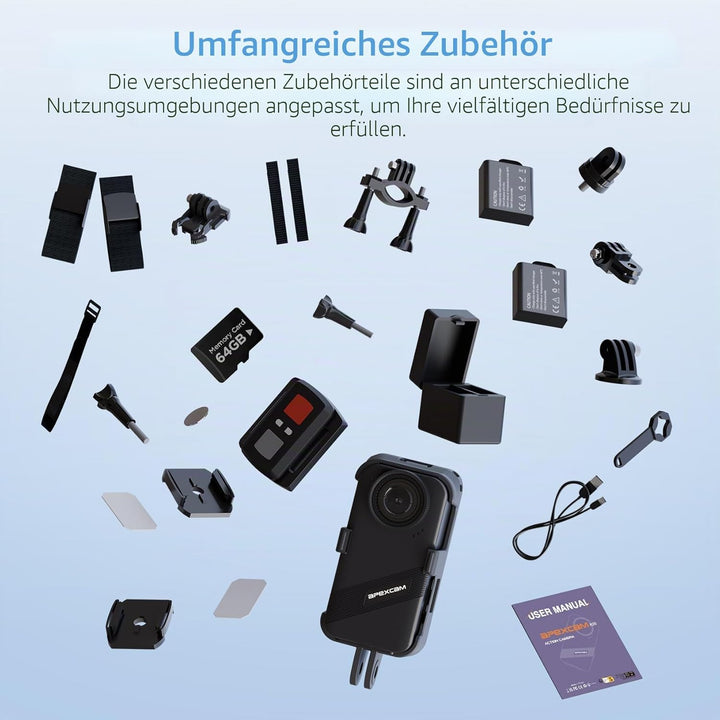 Apexcam K20 Touchscreen Action Cam 4K60FPS 48MP WiFi 8X Zoom EIS 20m Wasserdicht mit 64GB Sportskame