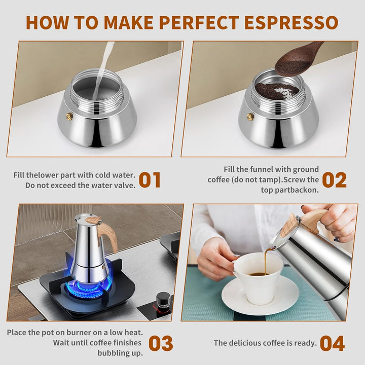 VINATO Edelstahl Espressokocher 6 Tassen (350ml) - Induktionsfähiger Moka Pot für alle Herdarten - I