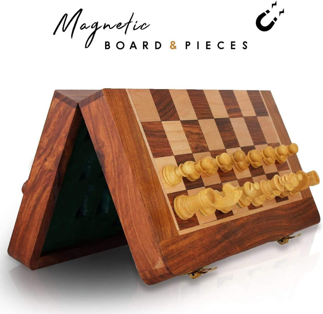Ajuny Rosewood Folding Magnetic Chess Board Game mit eingebauter Lagerung für Erwachsene, Kinder 12x