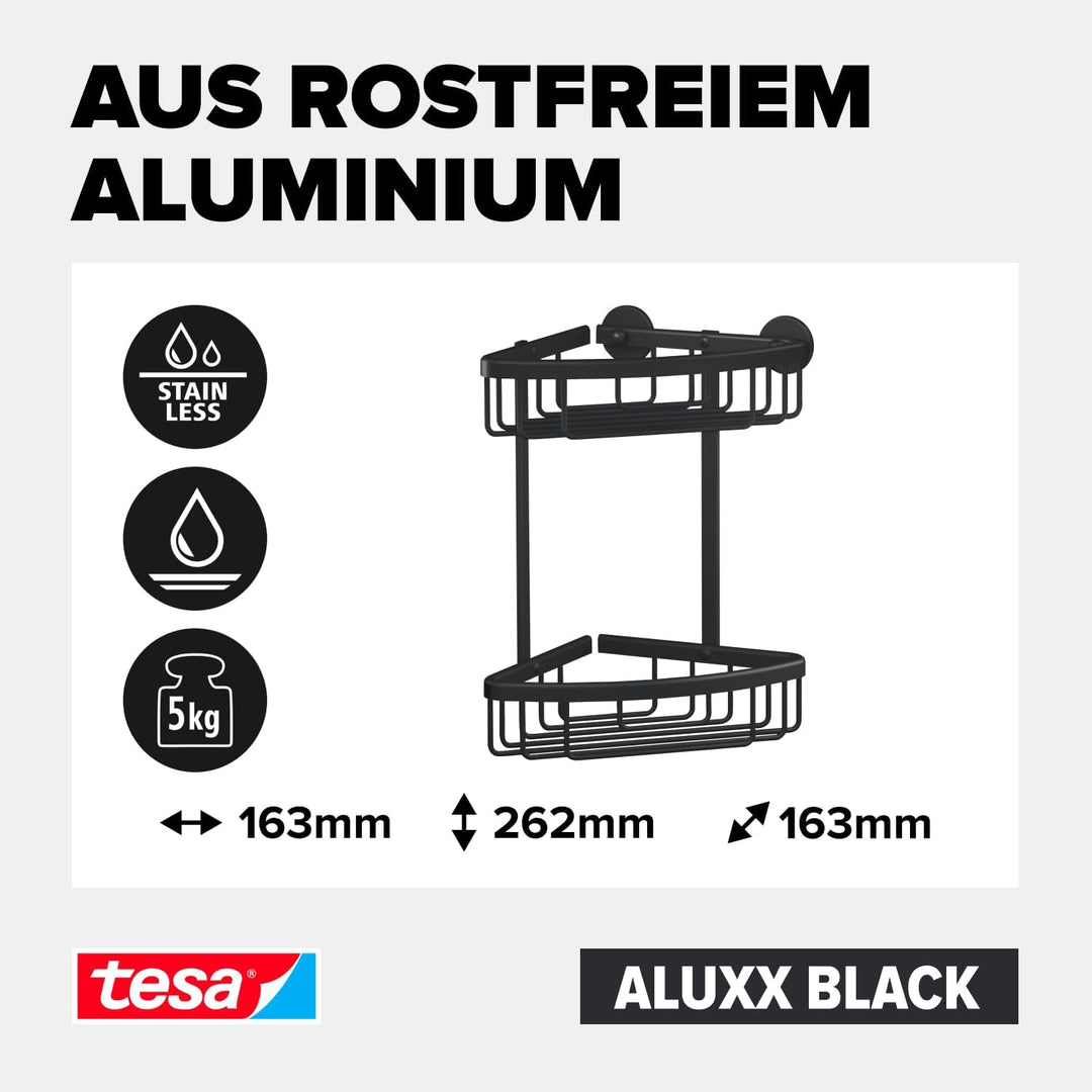 tesa ALUXX BLACK zweistöckige Eck-Duschablage zur Wandmontage ohne Bohren, schwarz matt - für Bäder
