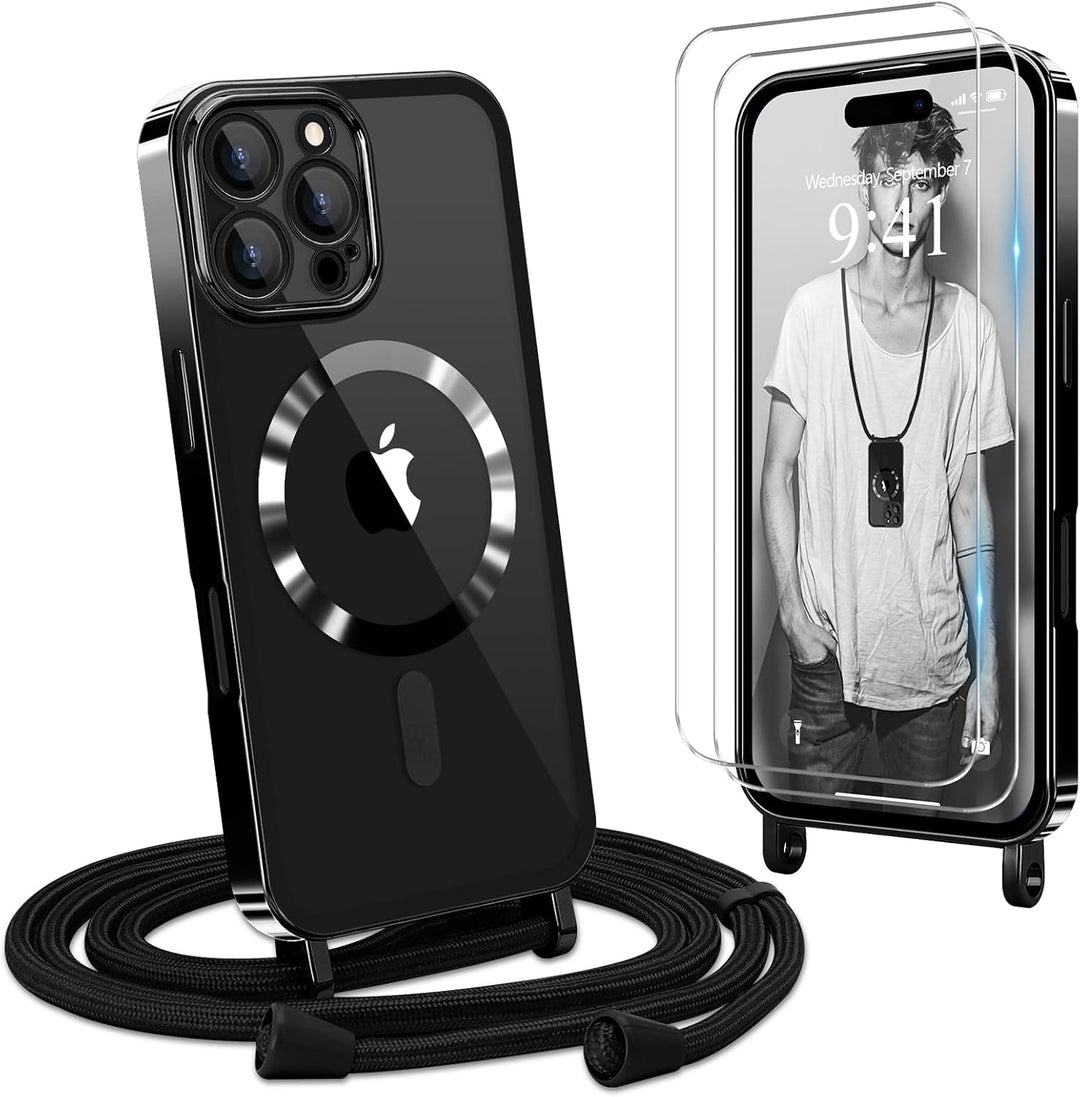 Handyband für iPhone 16 Pro Max Hülle mit Band + 2 Stück Glas Schutzfolie Transparent Silikon Handyh