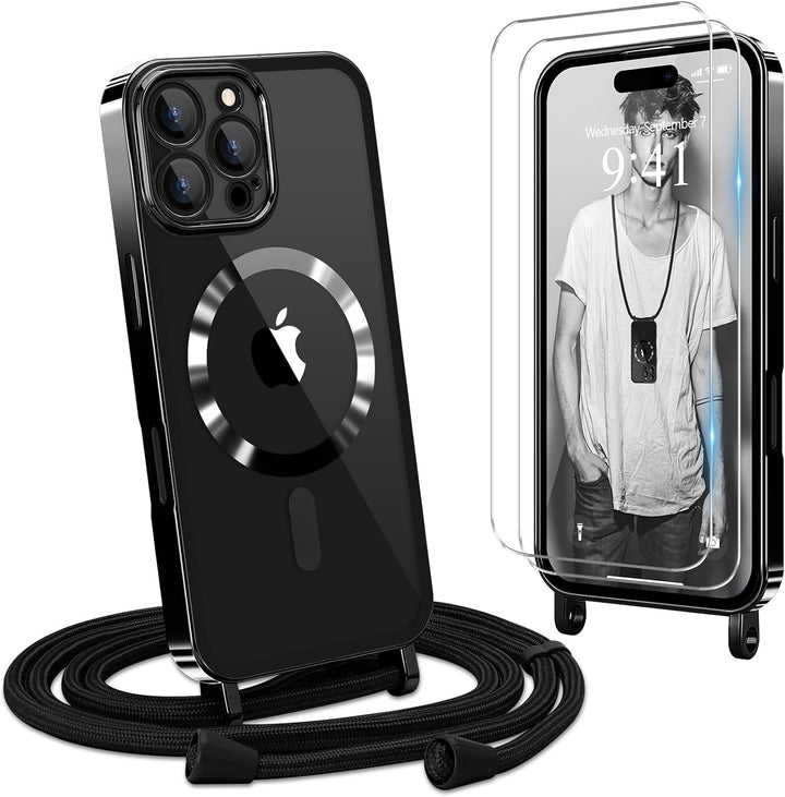 Handyband für iPhone 16 Pro Max Hülle mit Band + 2 Stück Glas Schutzfolie Transparent Silikon Handyh