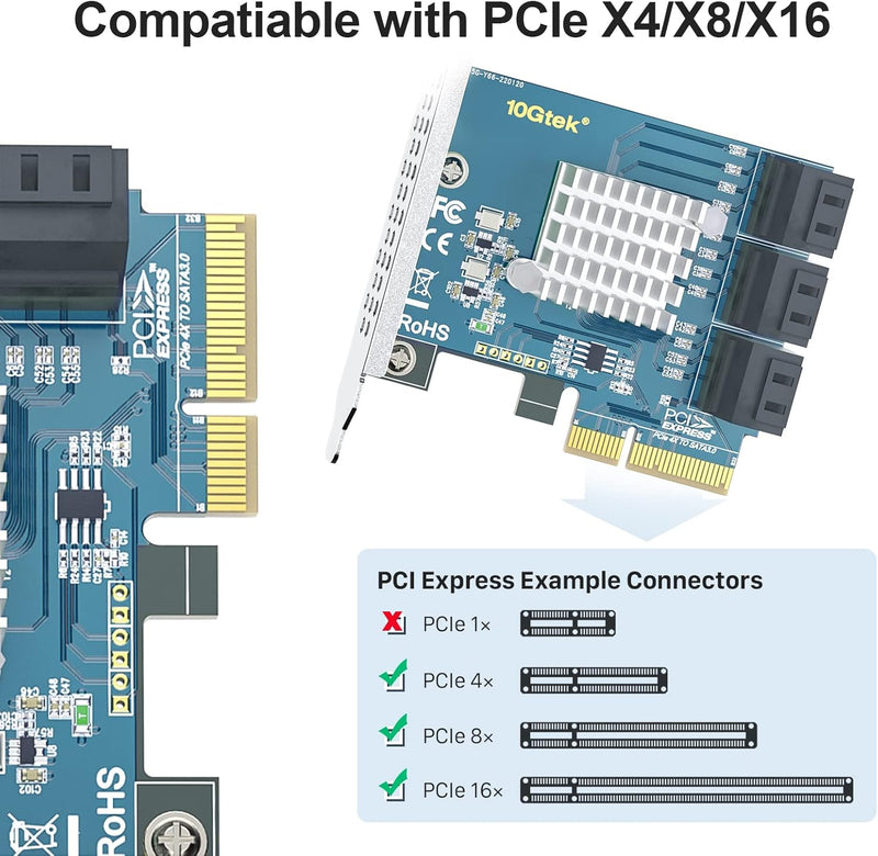 10Gtek PCIe SATA X4 Card 6 Port with 6 SATA Cables and Low Profile Bracket, 6Gbps SATA3.0 Controller