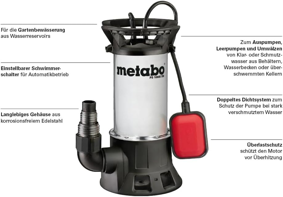Metabo Schmutzwasser-Tauchpumpe PS 18000 SN (0251800000) Karton, Nennaufnahmeleistung: 1100 W, Max.