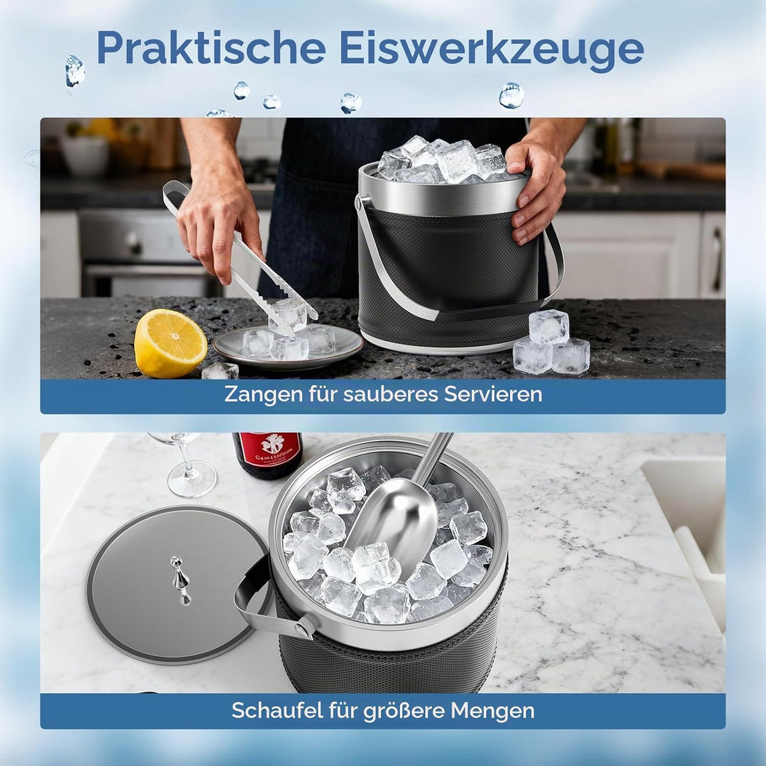 3.2L Eiswürfelbehälter mit Deckel, Eiskübel für die Eiswürfel Aufbewahrung mit Zange, Sieb, Schaufel