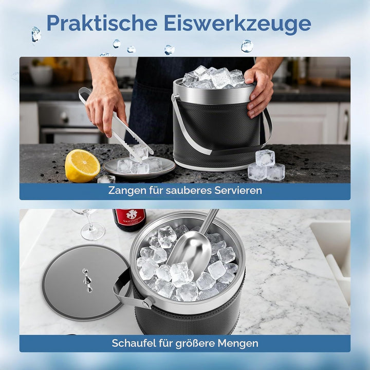 3.2L Eiswürfelbehälter mit Deckel, Eiskübel für die Eiswürfel Aufbewahrung mit Zange, Sieb, Schaufel