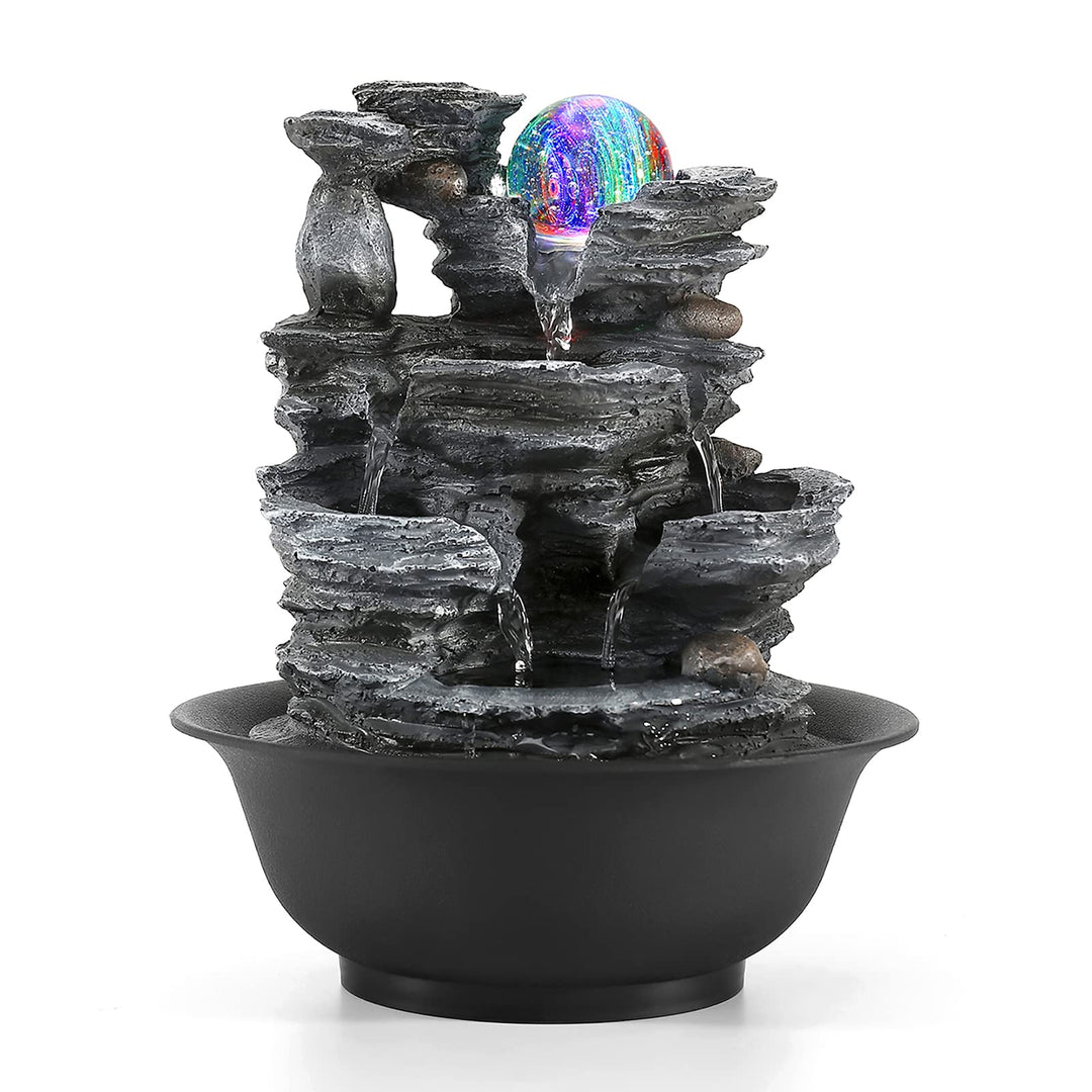 Dyna-Living Zimmerbrunnen Tischbrunnen mit Rollender Kugel, Brunnen Polyresin Springbrunnen LED-Bele