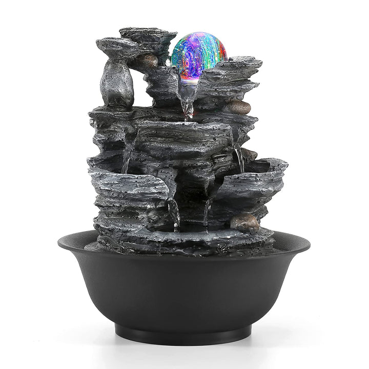 Dyna-Living Zimmerbrunnen Tischbrunnen mit Rollender Kugel, Brunnen Polyresin Springbrunnen LED-Bele